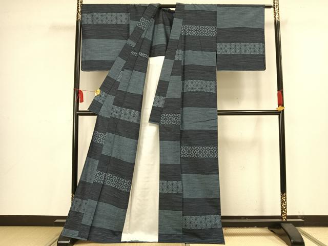 平和屋着物▽上質な紬 単衣 横段文 正絹 逸品 未使用 AAAV2825fy