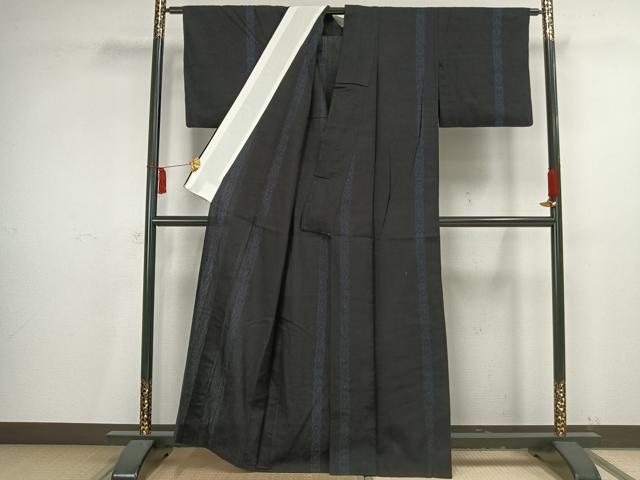 平和屋着物▽結城ちぢみ 単衣 幾何学間道 正絹 逸品 AAAV2828fy