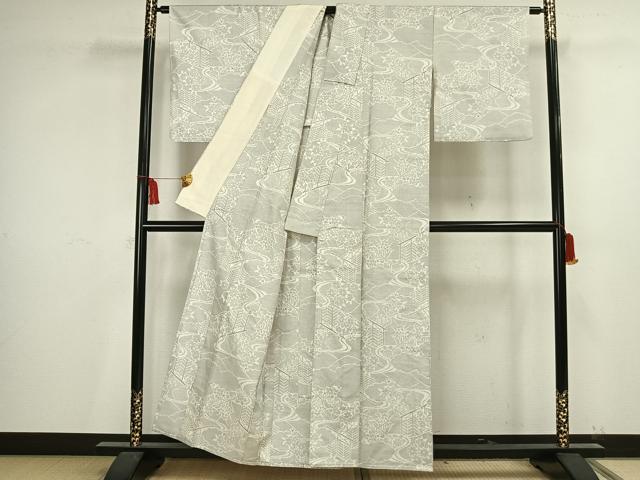 平和屋着物▽本場大島紬 単衣 白大島 120亀甲 風景草花文 正絹 逸品 AAAV2834fy