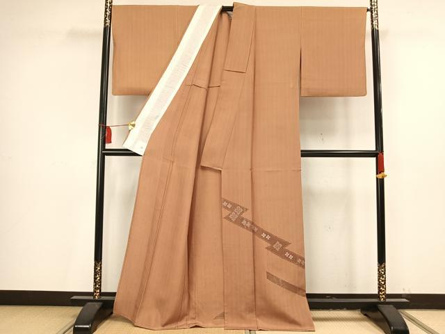平和屋着物▽訪問着 単衣 紬地 刺繍 稲妻取り花文 正絹 逸品 AAAV2836fy