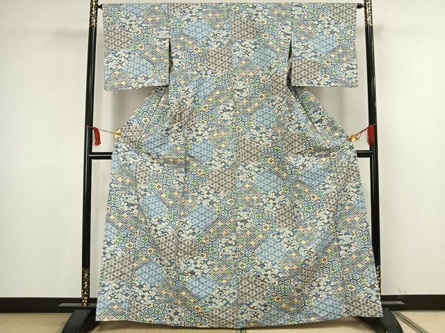 平和屋着物▽上質な紬 単衣 切嵌花文 正絹 逸品 AAAV2837fy
