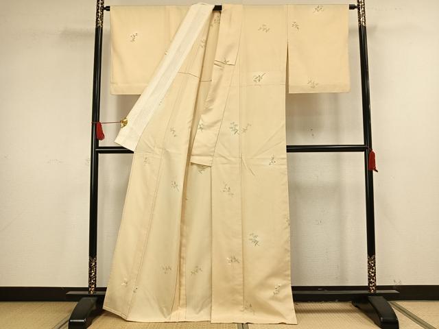 平和屋着物▽上質な小紋 単衣 紬地 手描き 草花文 正絹 逸品 AAAV2858fy