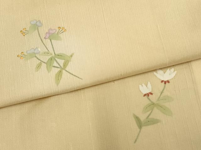 平和屋着物▽上質な小紋 単衣 紬地 手描き 草花文 正絹 逸品 AAAV2858fy
