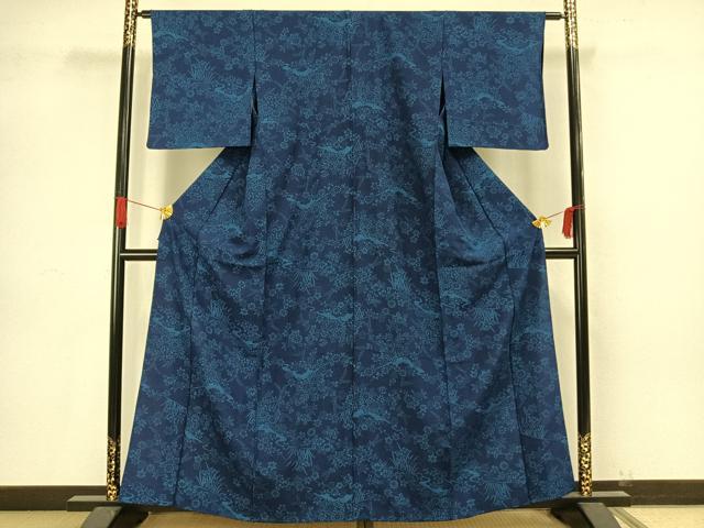 平和屋着物▽上質な小紋 単衣 本藍 型染め 草花文 正絹 逸品 AAAV2867fy