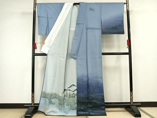 平和屋着物▽訪問着 無双 紗袷 紗×絽 風景文 玉泉 こぐま 銀彩 さが美扱い 反端付き 正絹 逸品 未使用 AAAV2870fy