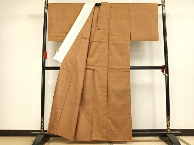 平和屋着物▽上質な紬 単衣 色無地 小毛利作 黄枯茶色 正絹 逸品 AAAV2873fy