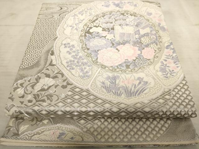 平和屋着物◎六通柄袋帯 唐織 絵皿花文 銀糸 正絹 逸品 AAAV3127dt