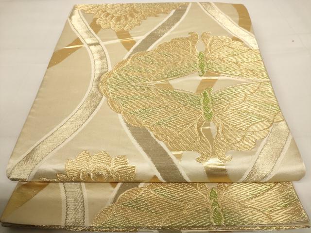 平和屋着物◎六通柄袋帯 双鶴文 蝶 金糸 正絹 逸品 AAAV3142dt