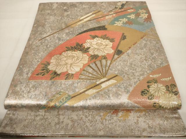 平和屋着物◎太鼓柄袋帯 螺鈿箔 扇面花文 引箔 正絹 逸品 AAAV3168dt