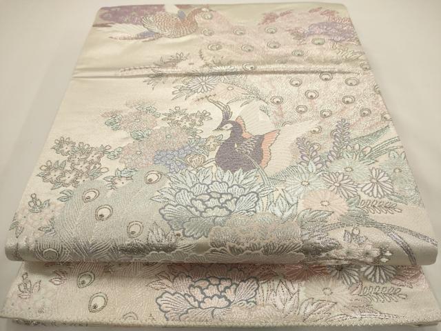 平和屋着物◎六通柄袋帯 唐織 孔雀花文 銀糸 正絹 逸品 AAAV3182dt