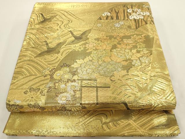 平和屋着物◎六通柄袋帯 流水飛鶴扇面花文 金銀糸 正絹 逸品 AAAV3311sx