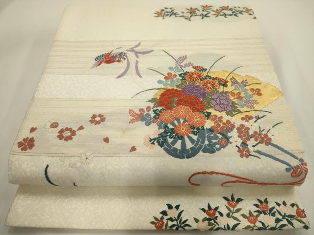 平和屋着物◎六通柄袋帯 唐織 扇面鳳凰花車文 金糸 正絹 逸品 AAAV3312sx