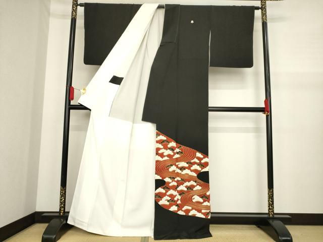 平和屋着物■豪華黒留袖 駒刺繍 流水松文 金彩 正絹 逸品 AAAV4228ma