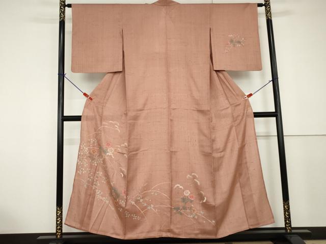 平和屋着物▽訪問着 単衣 紬地 手描き 枝花文 正絹 逸品 AAAV4261cs