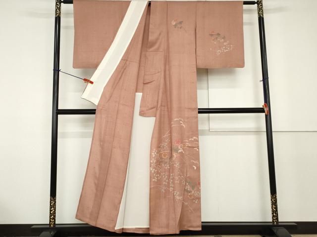 平和屋着物▽訪問着 単衣 紬地 手描き 枝花文 正絹 逸品 AAAV4261cs