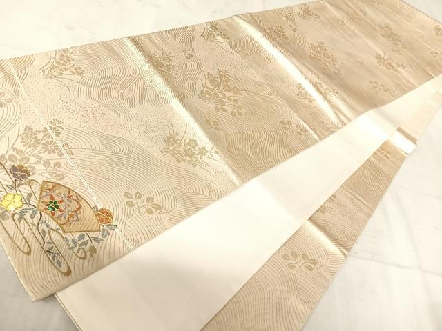平和屋着物◎六通柄袋帯 地紙花文 ワンポイント 螺鈿 金彩 正絹 逸品 AAAV5460yx