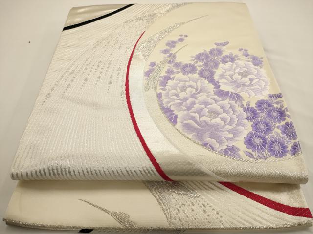 平和屋着物◎六通柄袋帯 唐織 飛鶴花文 銀糸 正絹 逸品 AAAV6562dt