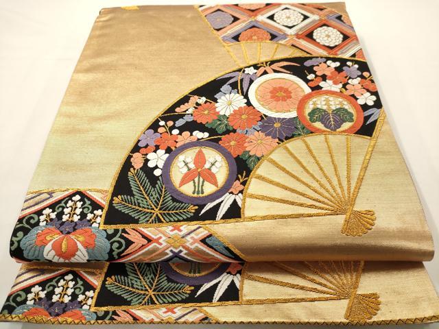 平和屋着物◎六通柄袋帯 唐織 扇面花文 金糸 正絹 逸品 AAAV6627dt