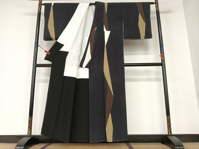 平和屋着物●上質な小紋 絞り 変わり縞 黒地 鬼しぼ縮緬 正絹 逸品 未使用 AAAV7071zg