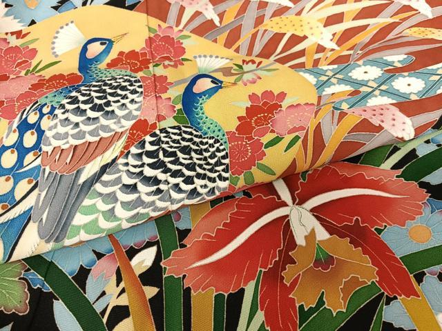 平和屋着物●極上 本加賀友禅作家 直江良三 黒留袖 花鳥文 正絹 逸品 AAAV7129zg