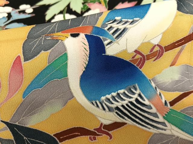平和屋着物●極上 本加賀友禅作家 直江良三 黒留袖 花鳥文 正絹 逸品 AAAV7129zg