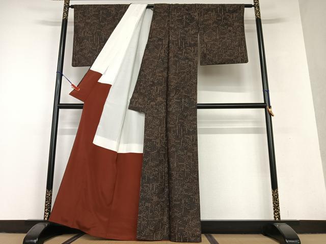 平和屋着物●上質な紬 笹竹文 黒地 正絹 逸品 AAAV7147zg