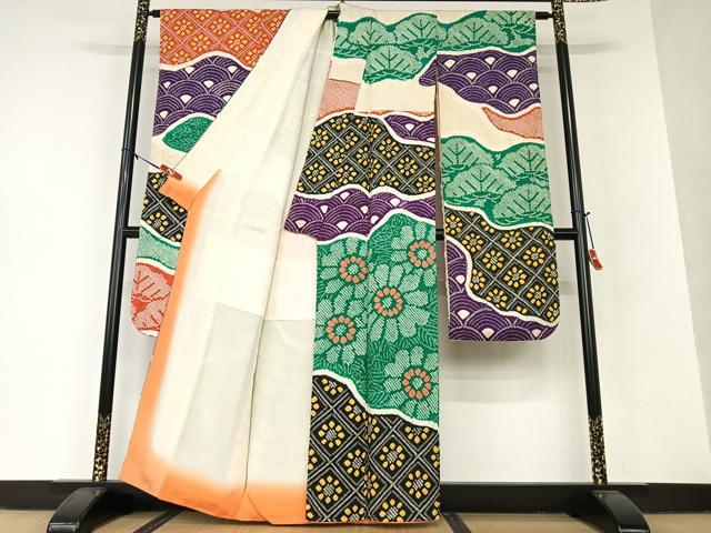 平和屋着物●豪華振袖 絞り 舞花文 青海波 正絹 逸品 AAAV7285zg