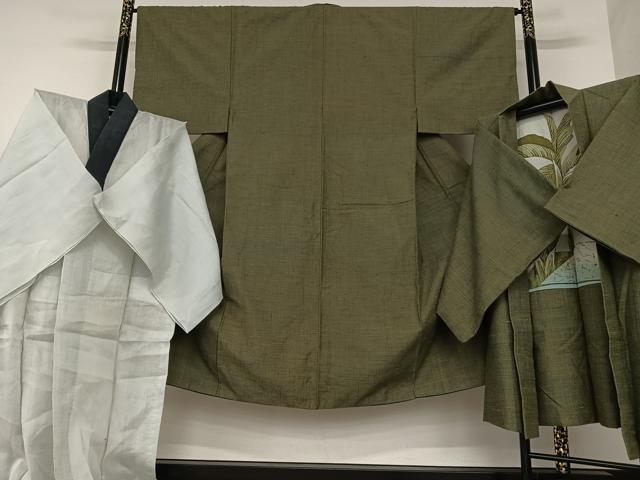 平和屋着物▽男性 結城紬 杢 アンサンブル 長襦袢(単衣)セット 霞文 正絹 逸品 AAAV7481zg
