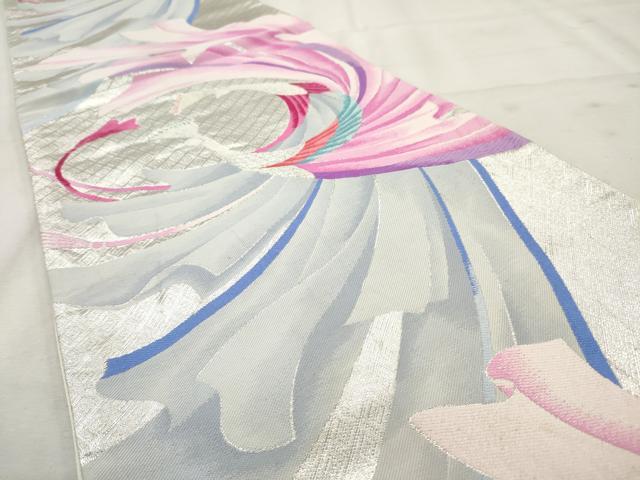 平和屋着物◎六通柄袋帯 唐織 孔雀文 銀糸 正絹 逸品 AAAV7592sg