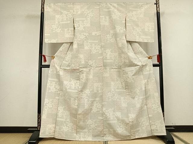 平和屋着物▽上質な紬 単衣 80亀甲 草花文 正絹 逸品 AAAV8326fy