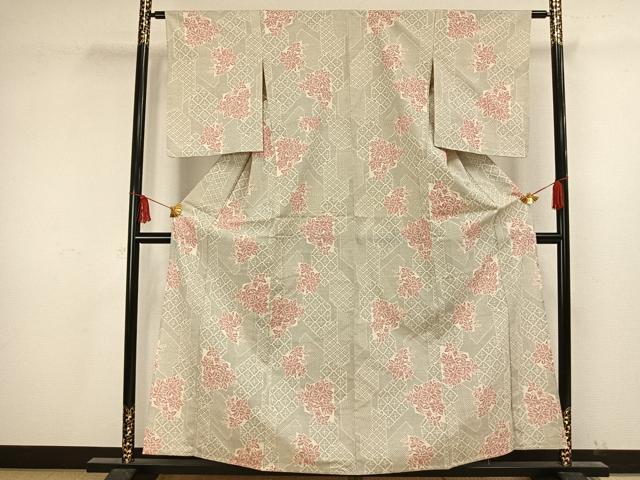 平和屋着物▽お召 単衣 切り嵌め草花文 正絹 逸品 AAAV8338fy