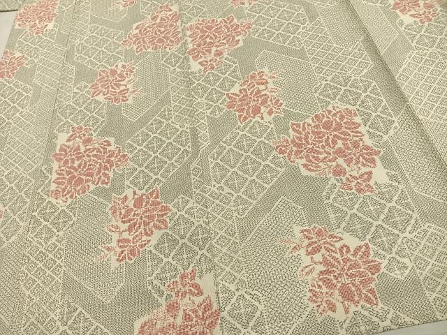平和屋着物▽お召 単衣 切り嵌め草花文 正絹 逸品 AAAV8338fy