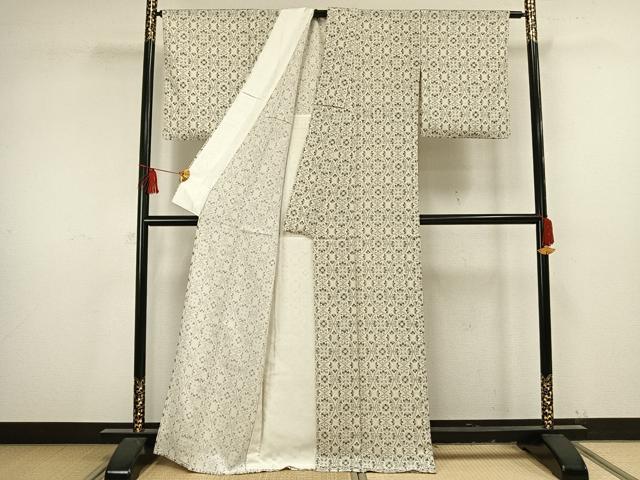 平和屋着物▽上質な小紋 単衣 花亀甲文 丹後ちりめん 反端付き 正絹 逸品 AAAV8339fy