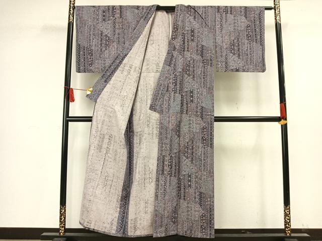 平和屋着物▽上質な紬 単衣 切り嵌め花文 正絹 逸品 AAAV8351fy