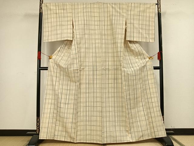 平和屋着物▽上質な紬 単衣 格子 正絹 逸品 未使用 AAAV8355fy