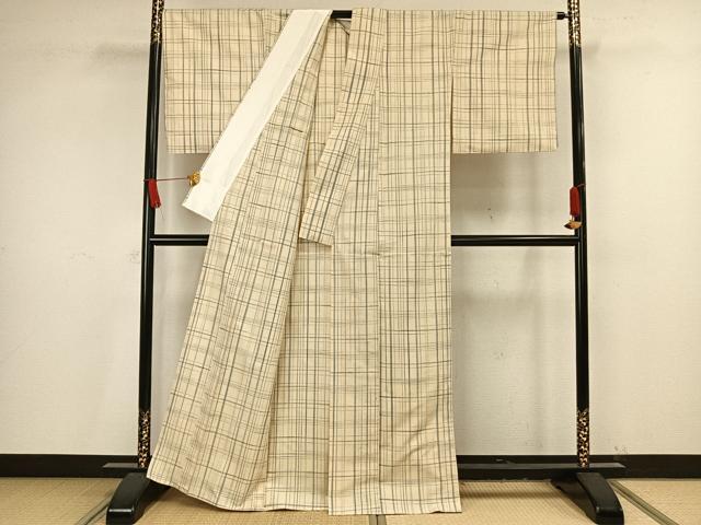 平和屋着物▽上質な紬 単衣 格子 正絹 逸品 未使用 AAAV8355fy