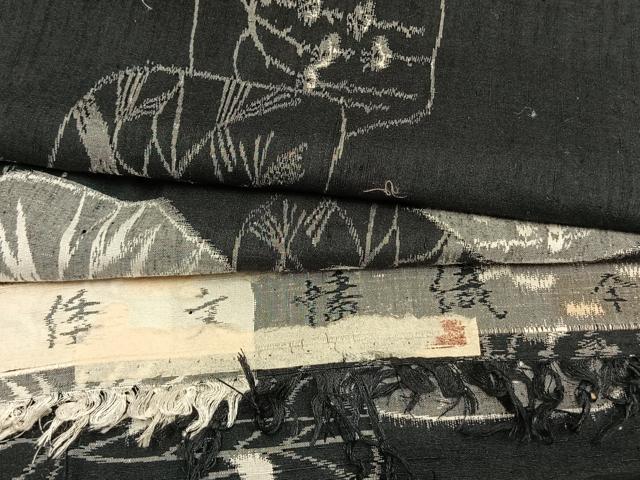 平和屋着物▽小千谷紬 単衣 色紙風景文 黒地 証紙付き 正絹 逸品 AAAV8359fy
