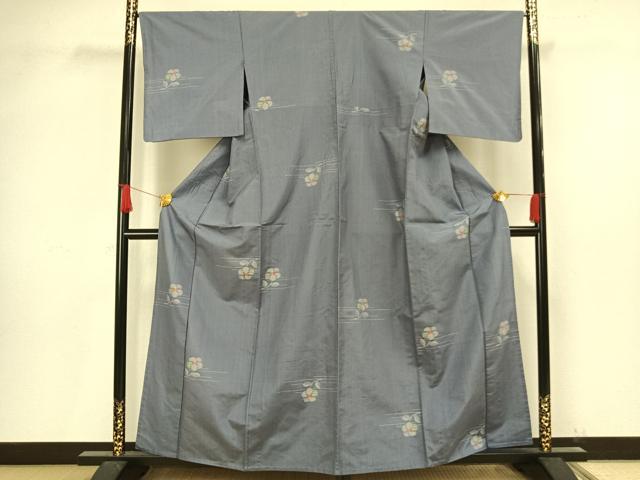 平和屋着物▽上質な紬 単衣 草花文 正絹 逸品 AAAV8363fy