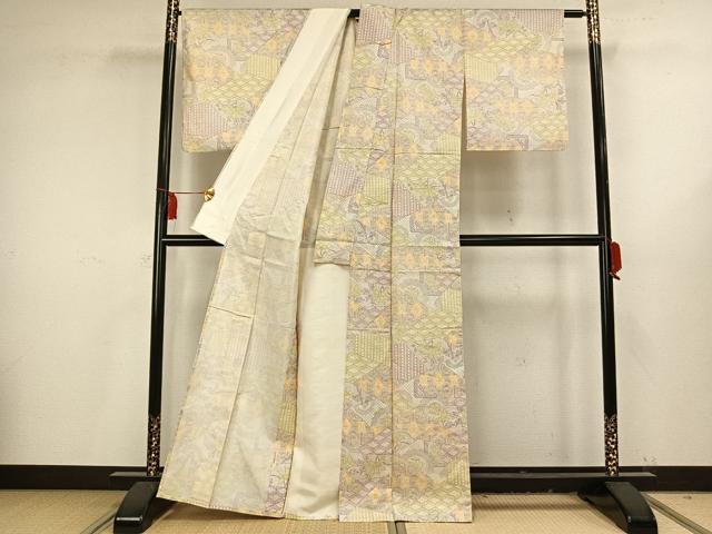平和屋着物▽本場染大島紬 単衣 切り嵌め文 反端付き 正絹 逸品 AAAV8371fy