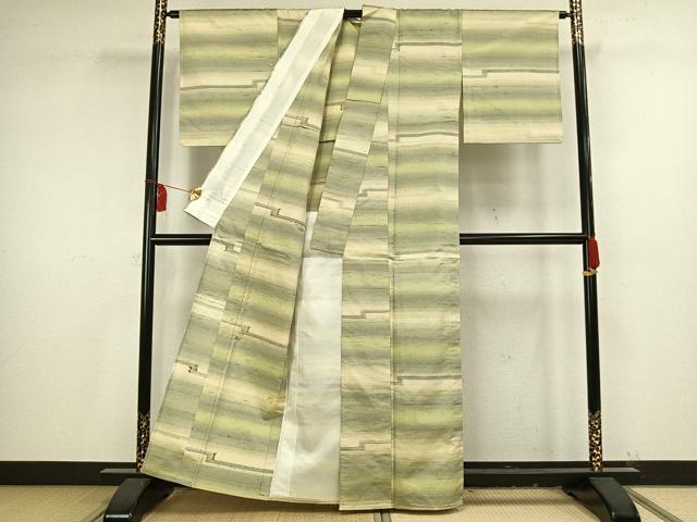 平和屋着物▽上質な紬 単衣 横縞 正絹 逸品 AAAV8379fy