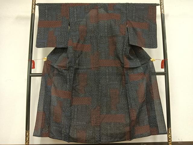 平和屋着物▽結城縮 単衣 幾何学文 正絹 逸品 未使用 AAAV8383fy