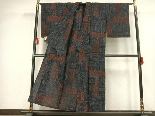 平和屋着物▽結城縮 単衣 幾何学文 正絹 逸品 未使用 AAAV8383fy