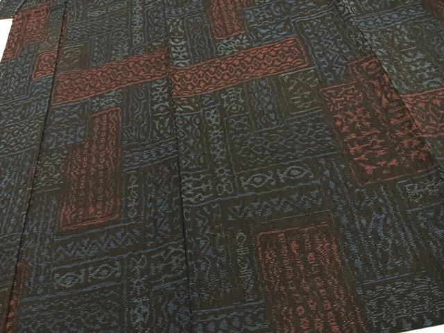 平和屋着物▽結城縮 単衣 幾何学文 正絹 逸品 未使用 AAAV8383fy