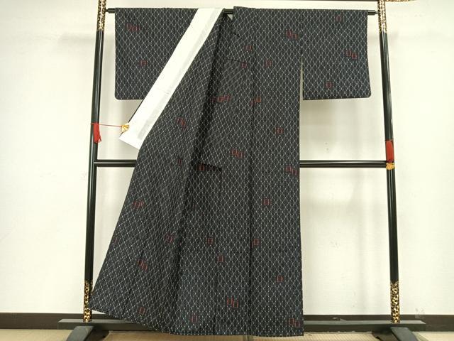 平和屋着物▽上質な紬 単衣 幾何学文様 玉藻織り 証紙付き 正絹 逸品 AAAV8388fy
