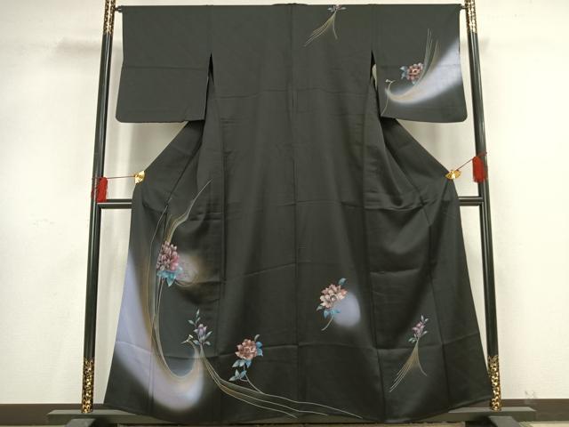 平和屋着物▽訪問着 単衣 草花文 暈し染め 黒地 金銀彩 正絹 逸品 AAAV8406fy