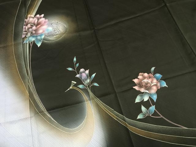 平和屋着物▽訪問着 単衣 草花文 暈し染め 黒地 金銀彩 正絹 逸品 AAAV8406fy