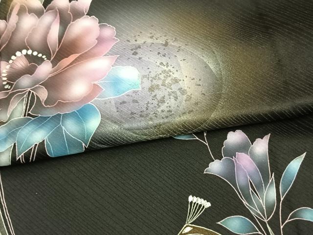 平和屋着物▽訪問着 単衣 草花文 暈し染め 黒地 金銀彩 正絹 逸品 AAAV8406fy