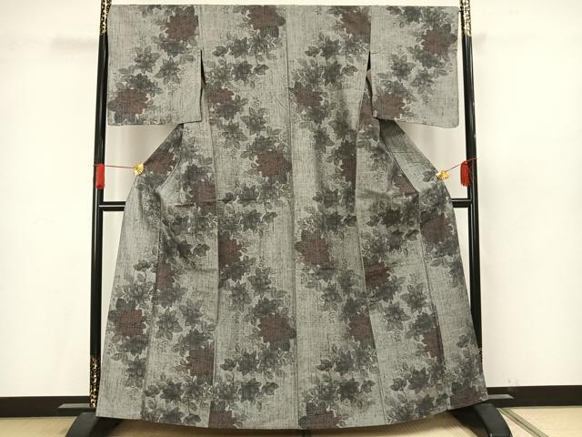 平和屋着物▽上質な紬 単衣 草花文 正絹 逸品 AAAV8413fy