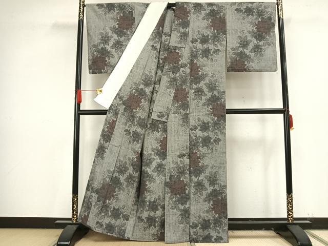 平和屋着物▽上質な紬 単衣 草花文 正絹 逸品 AAAV8413fy