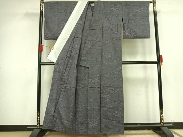 平和屋着物▽上質な紬 単衣 横段草花文 正絹 逸品 AAAV8420fy